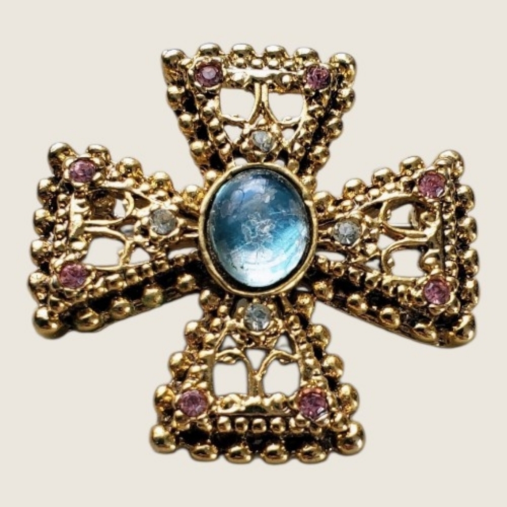 Vintage Renaissance Revival Maltese Cross Brooch Gold Tone Blue Coated Art Glass